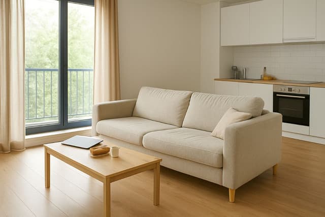 A sparkling clean kitchen with shiny countertops and organized cabinets.