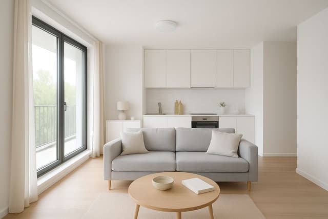 A bright and clean living room with sparkling floors, representing a freshly cleaned home.